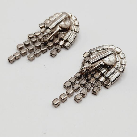 Vintage Clear Rhinestone Dangle Clip Earrings, 1.5 Inch Length - Picture 10 of 10